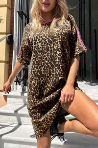 Women's Apricot Leopard T-Shirt Dress with Sporty Stripes