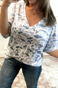 Women's Abstract Gray Camouflage V-Neck Tee with Chest Pocket