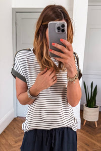 Green Stripe Cuffed Sleeve Button Detail Loose Tee