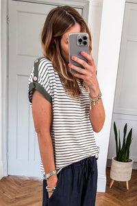 Green Stripe Cuffed Sleeve Button Detail Loose Tee