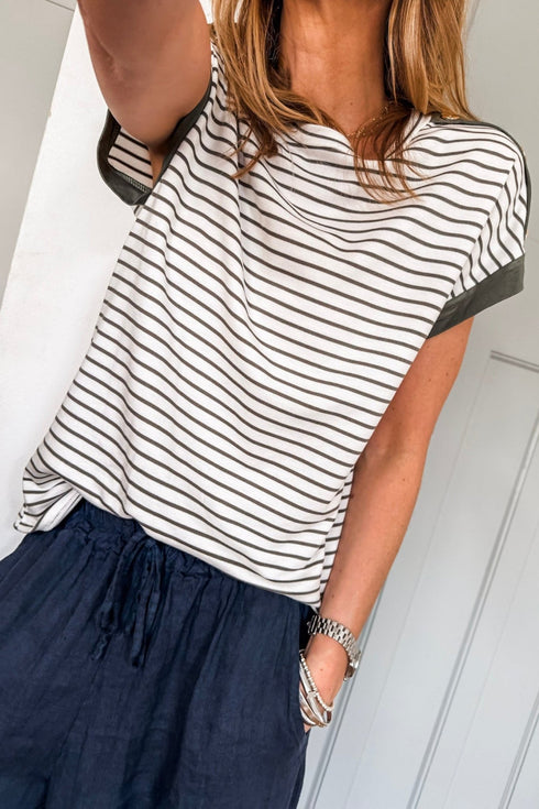 Women's Casual Women's Green Stripe Tee with Cuffed Sleeves and Button Details - Relaxed Fit for Everyday Comfort