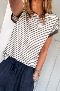 Women's Casual Women's Green Stripe Tee with Cuffed Sleeves and Button Details - Relaxed Fit for Everyday Comfort