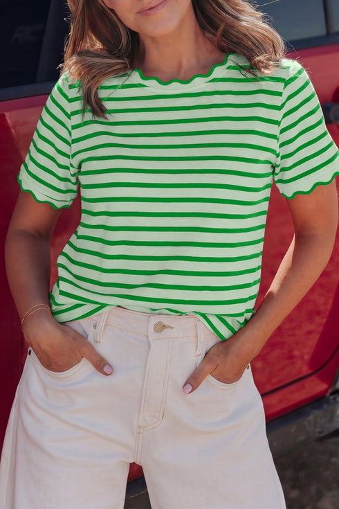 Women's Casual Women's Green Striped T-Shirt with Scalloped Trim and Round Neck for Effortless Style and All-Day Comfort