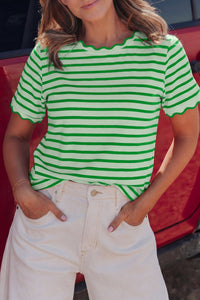 Women's Casual Women's Green Striped T-Shirt with Scalloped Trim and Round Neck for Effortless Style and All-Day Comfort