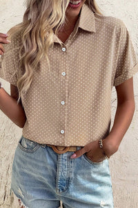 Women's Casual Women's Khaki Dotted Short Sleeve Shirt with Cuffed Sleeves - Stylish Everyday Top for Effortless Chic
