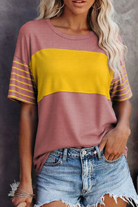 Women's Casual Women's Red Color Block Striped Loose T-Shirt – Effortlessly Stylish Top for Everyday Comfort