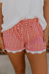 
Casual Women's Red Gingham Plaid Shorts with Tie Waist and Lace Trim for a Stylish and Flattering Fit