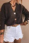Women's Chunky Knit V-Neck Cardigan in Chicory Coffee with Heart Design & Metal Buttons for Trendy Layering Style