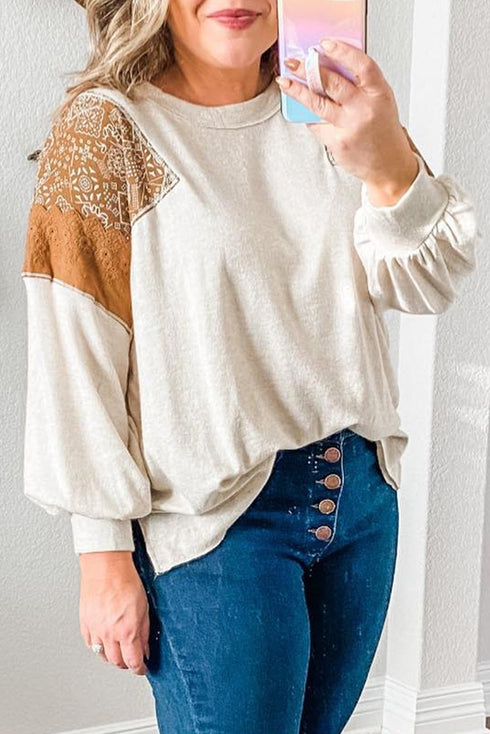 Beige Lace Western Print Patchwork Plus Size Long Sleeve Top