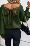 Women's Cozy Jungle Green V-Neck Sweater with Lantern Sleeves and Knot Back Detail - Perfect for Any Occasion