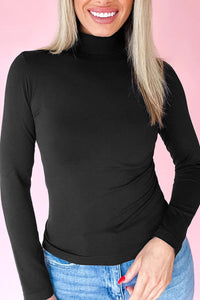 
Elegant Black Slim Fit Long Sleeve High Neck Top for Women - Versatile Essential for Effortless Chic Style