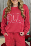 Women's Casual Loose Fit Racing Red Twisted Rib Long Sleeve Top with Merry Graphic for Effortless Everyday Style