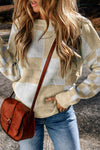 Cozy Women's Flaxen Checkered Drop Shoulder Knit Sweater - Stylish, Soft Fit for Casual Chic Looks