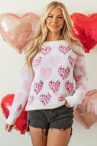 
Cozy Women's Pink Heart Leopard Print Sweater with Pearled Ribbed Trim - Stylish Fuzzy Knit for Casual Outings