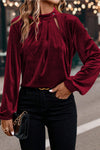 Chic Women's Red Velvet Blouse with Asymmetric Hem, Keyhole Neck, and Long Sleeves - Ideal for Stylish Outings