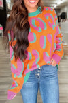 Women's Stylish Orange Leopard Colorblock Sweater - Cozy Knit Top with Ribbed Edges for Trendy Fall Fashion
