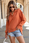 Trendy Women's High-Low Orange Sweatshirt with Button-Up Collar, Slit Details, and Relaxed Fit for Effortless Style