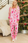 Cozy Women's Pink Christmas Tree Print V-Neck Pullover & Drawstring Lounge Pants Set for Festive Holiday Comfort