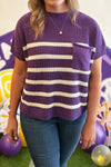 Casual Women's Purple Stripe Knit Sweater with Raw Edge and Patched Pockets - Short Sleeve Everyday Top