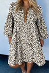 Plus Size Women's Trendy Khaki Leopard Print Mini Dress with Puff Sleeves and Button V-Neck for a Comfortable Fit