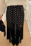 Trendy Women's Black Asymmetric Maxi Skirt with Polka Dot Print & Sheer Lace Detail - Elegant & Chic for Any Occasion