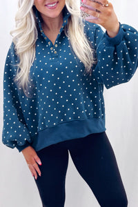 Women's Stylish Blue Polka Dot Pullover Sweatshirt with Button Collar - Cozy Casual Fit for Everyday Wear