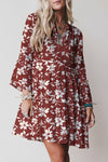 Chic Red Boho Floral Mini Dress for Women, 3/4 Sleeves & Lettuce Trim – Perfect for Effortless Summer Style