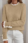 Light Beige Women's Lace Trim Patchwork Sweater with Buttoned Cuffs - Cozy Relaxed Fit for Effortless Style