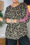 Trendy Women's Green Leopard Print Long Sleeve Varsity Top with Striped Trim - Casual Chic for Everyday Wear