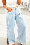 Trendy Women's Beau Blue Wide Leg Jeans with Studded Sides, Frayed Hem, and Functional Pockets for Chic Comfort