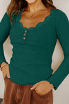 Women's Skobeloff Long Sleeve Ribbed Top with Lace Neckline and Button Details, Lettuce Edge, Stylish and Comfortable