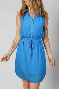 Women's Cerulean Blue Sleeveless Shirt Dress with Drawstring Waist