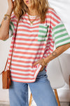 Women's Comfy Pink Stripe Drop Shoulder Tee - Effortless Casual Top for Relaxed Everyday Style