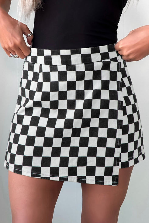 Women's Black Checkered Denim Skort