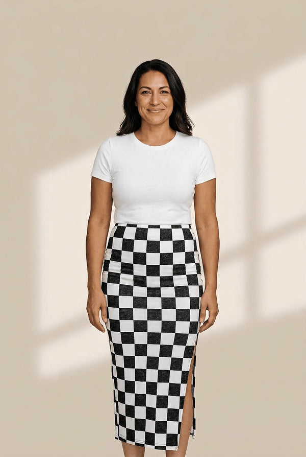 Women's Checkered High-Waist Midi Skirt with Side Slit
