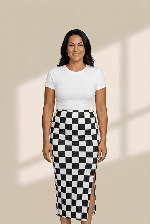 Women's Checkered High-Waist Midi Skirt with Side Slit