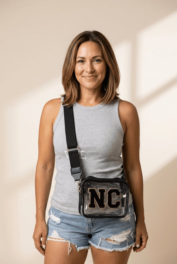 Women's Chenille Letter Clear Stadium Bag with Glitter Trim