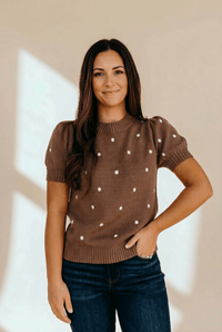 Women's Chestnut Polka Dot Puff Sleeve Knit Sweater