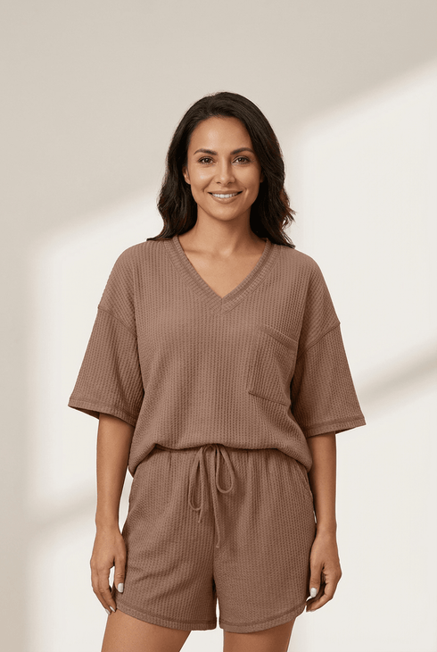 Women's Chestnut Waffle Knit V-Neck Tee and Shorts Two-Piece Set