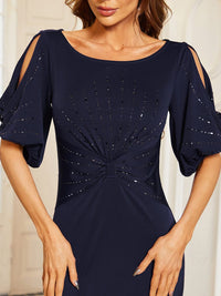 Chic A-Line Burgundy and Navy Blue Wedding Guest Dress with Silver Embellishments