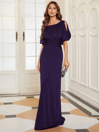 Chic A-Line Burgundy and Navy Blue Wedding Guest Dress with Silver Embellishments