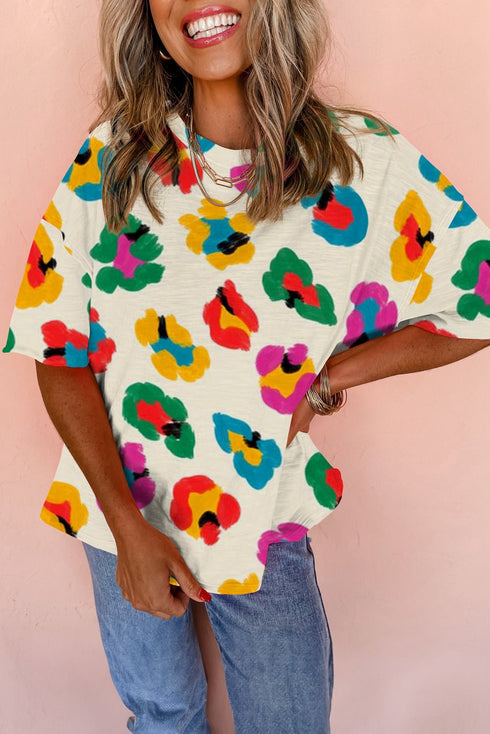 Women's Apricot Abstract Leopard Print Drop Shoulder Oversized Tee