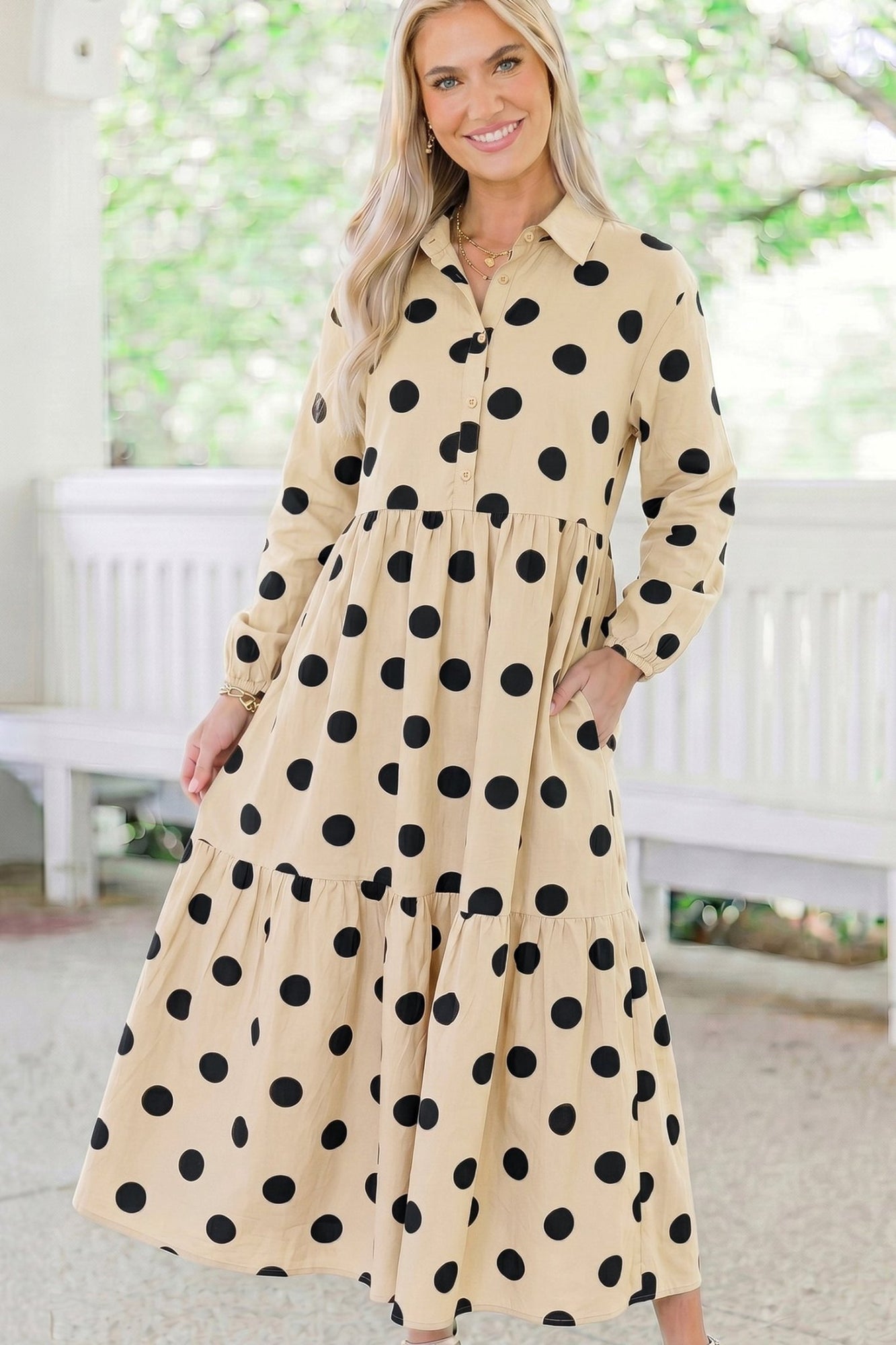 long sleeve shift dress Chic Apricot Polka Dot for Women Yellow Cotton Linen Midi Color:Plus Size - Navy Plus Size Purchase - Last 24 Months simply swap your day