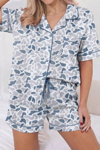 Chic Beige Camouflage Pajama Set for Women – Stylish Lapel Shirt & Drawstring Shorts Sleepwear for Ultimate Comfort
