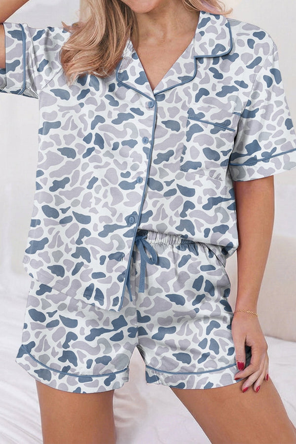Chic Beige Camouflage Pajama Set for Women – Stylish Lapel Shirt & Drawstring Shorts Sleepwear for Ultimate Comfort