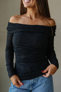 Women's Black Floral Lace Off-Shoulder Slim Fit Long Sleeve Top