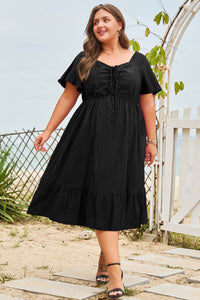 Women's Black Textured Plus Size Midi Dress with Lace-Up Bodice