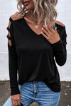 Chic Black V-Neck Long Sleeve Top with Shoulder Cut-Outs