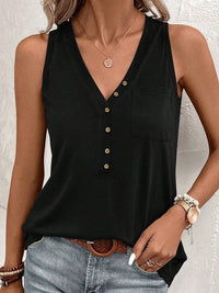 Chic Black V Neck Sleeveless Tank Top with Patched Pocket