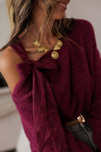 Burgundy Lace Bowknot Asymmetric Neck Sweater